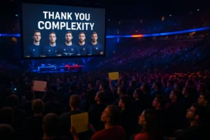 Complexity closure discussion among esports fans watching a stage broadcast