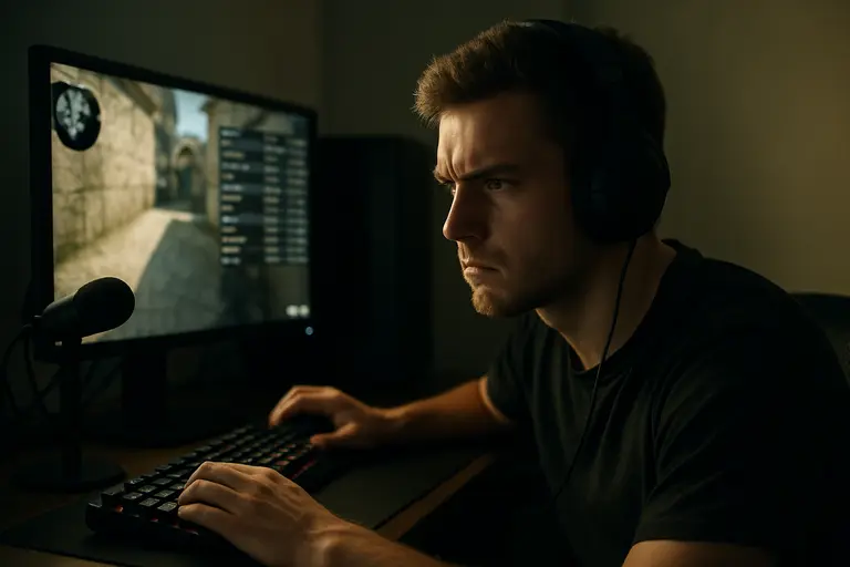 Player reviewing Counter-Strike strategy with teammates between online matches