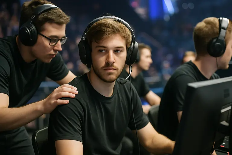 Substitute player preparing with teammates in a tournament room