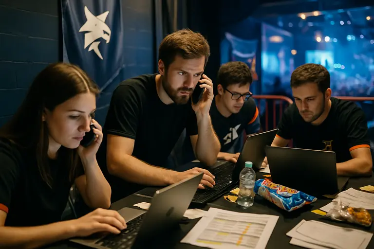 Tournament staff and players checking match stations before a local esports bracket