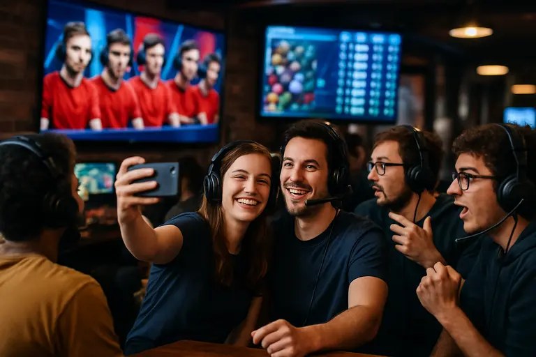 Esports fans discussing a match on phones and laptops after a broadcast