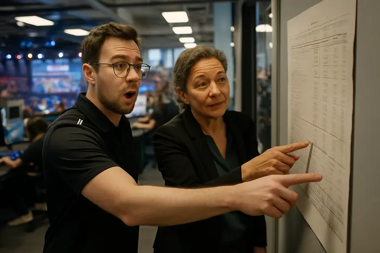 Esports staff comparing roster plans and creator production costs in a meeting