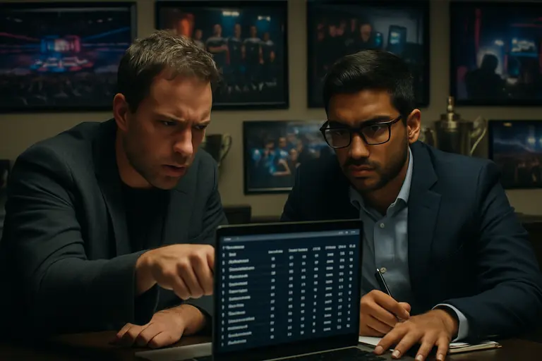 Esports staff discussing roster plans beside practice computers