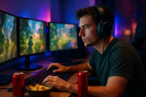 esports streaming quality setup with match broadcast screens and chat monitors