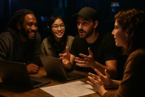 streaming revenue models shown through a creator desk with charts and video thumbnails