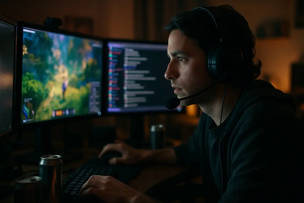 Twitch streaming trends shown through a creator desk with gaming analytics open